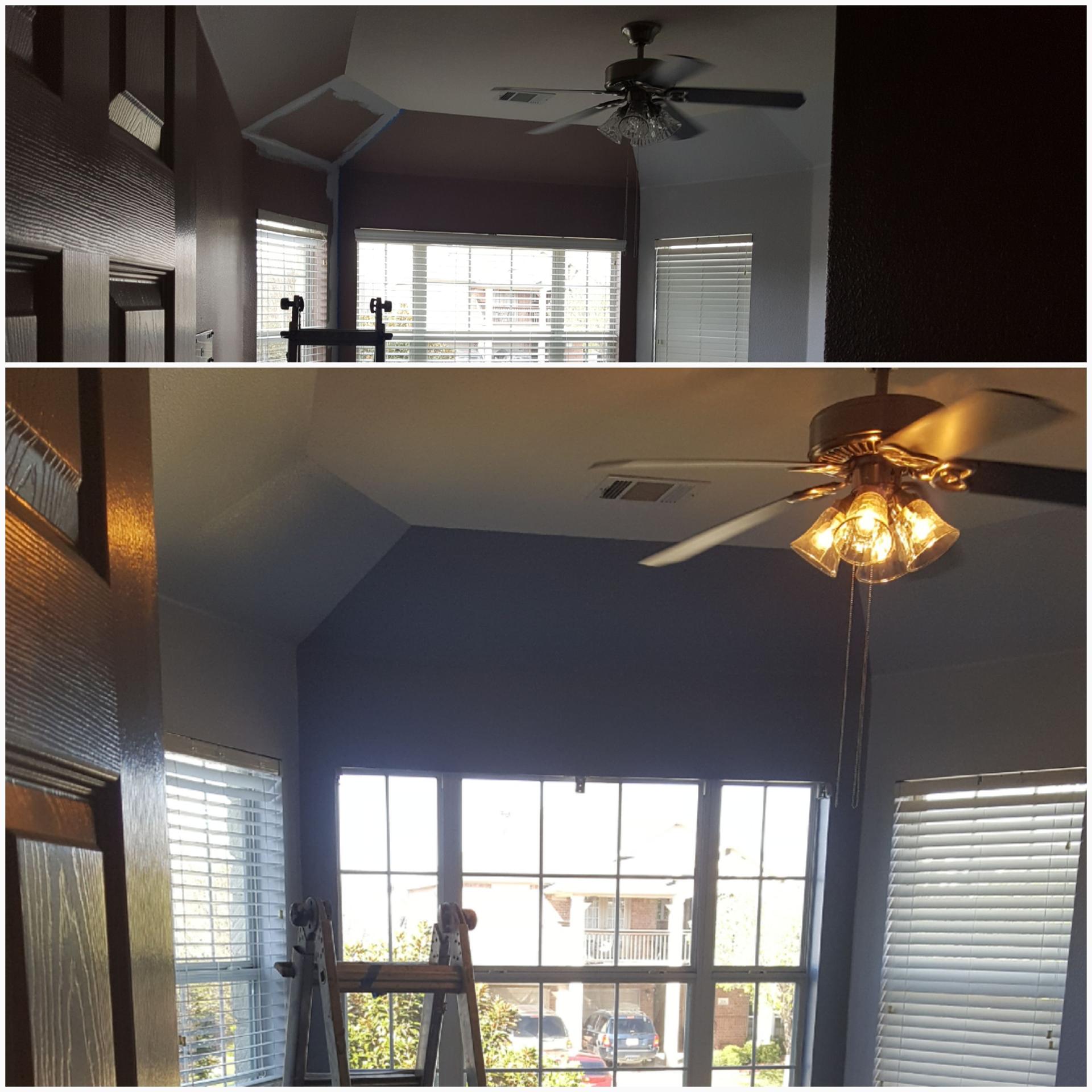 Before and after bay window nook repaint from dark plum to soft blue-gray