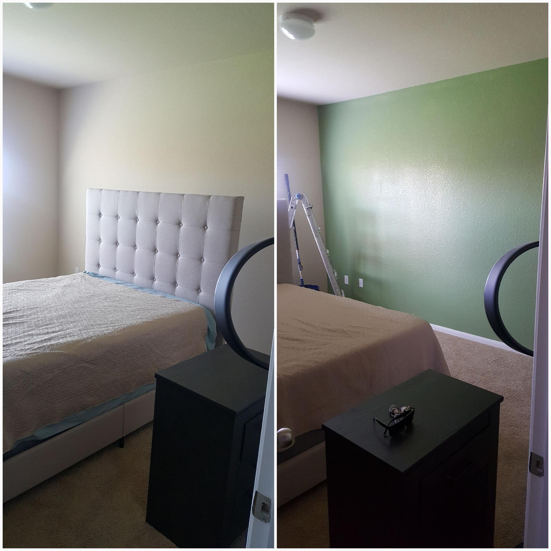 Before and after bedroom accent wall repaint in a fresh green tone