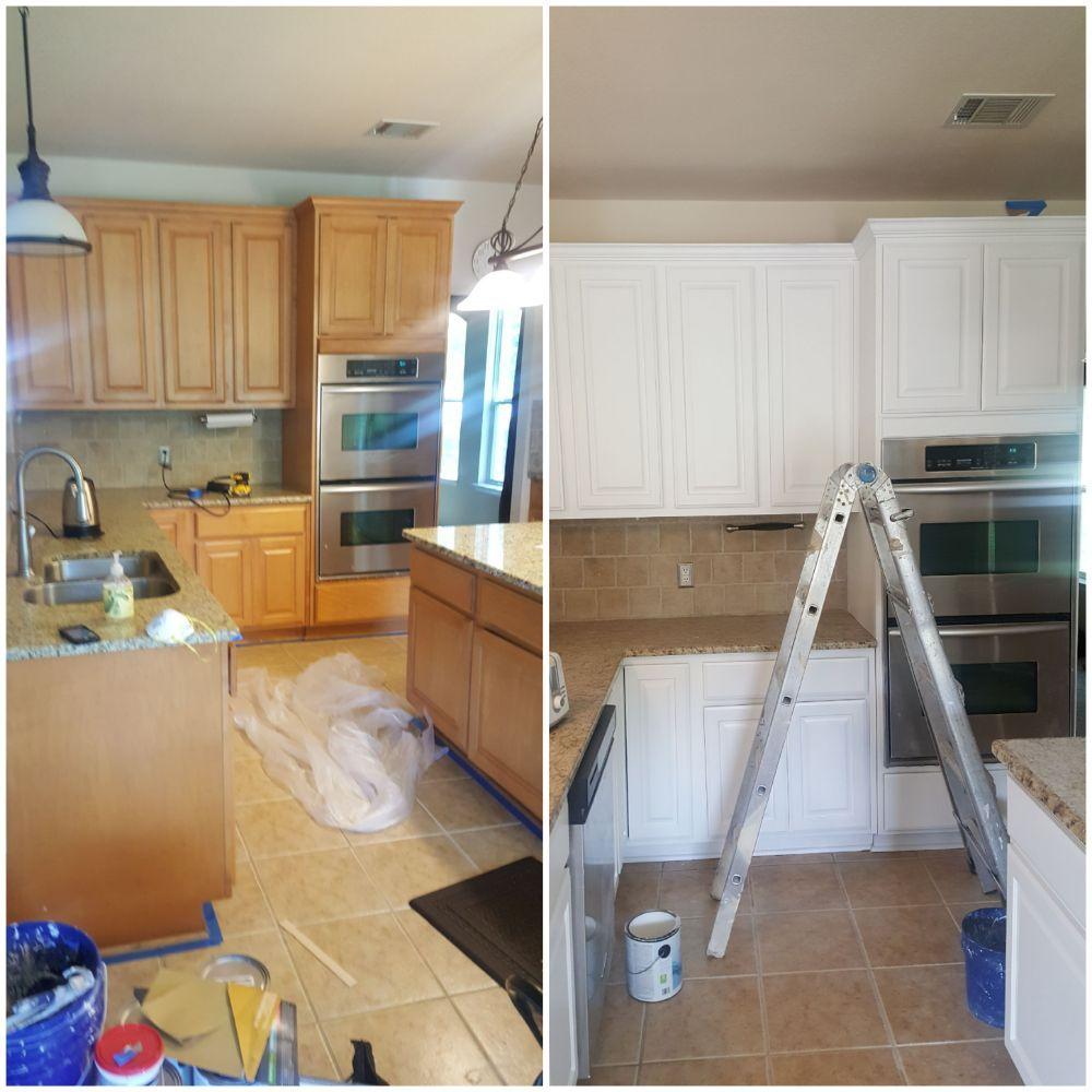 Before and after cabinet refinishing, oak stained cabinets painted white