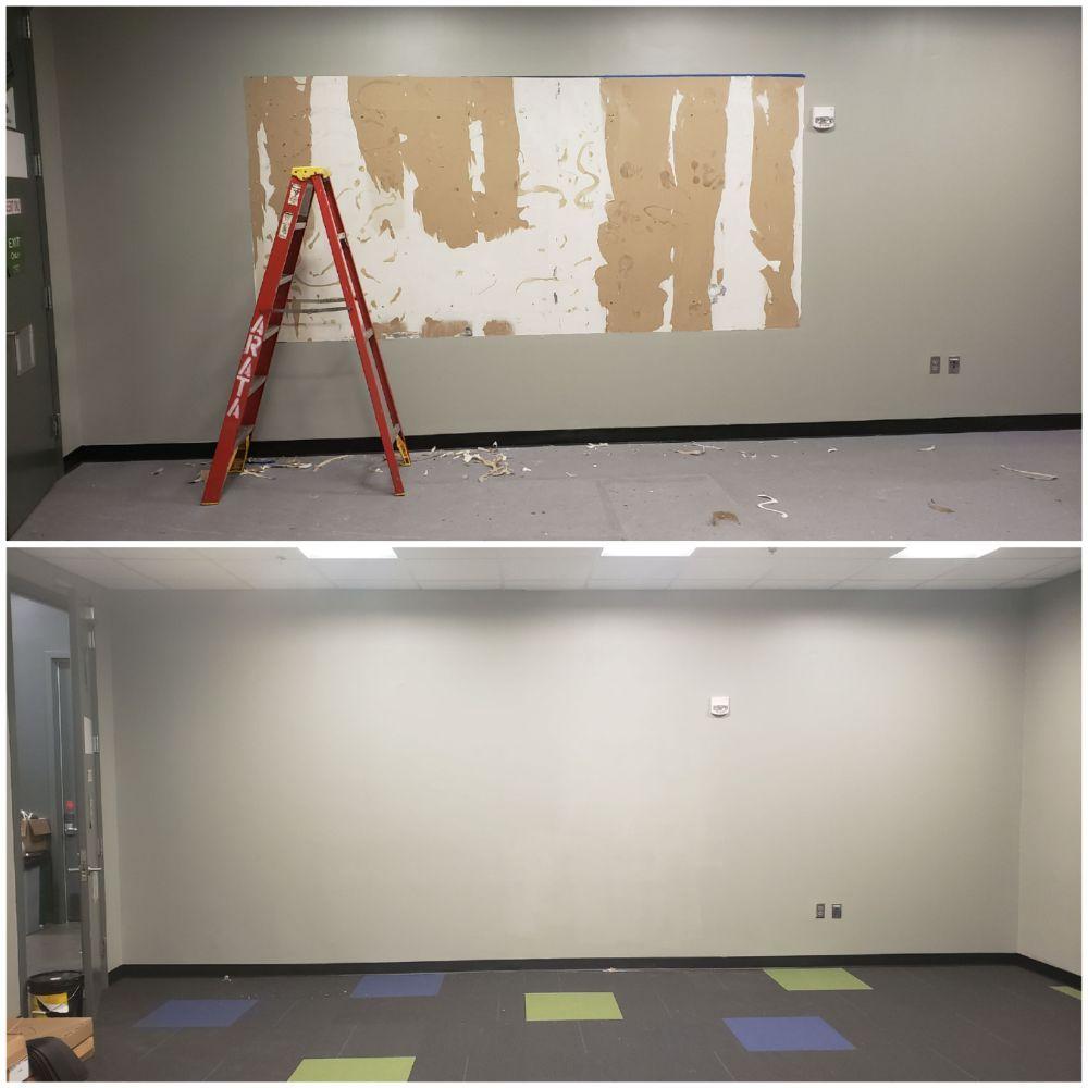 Before and after commercial office wall repair and repaint