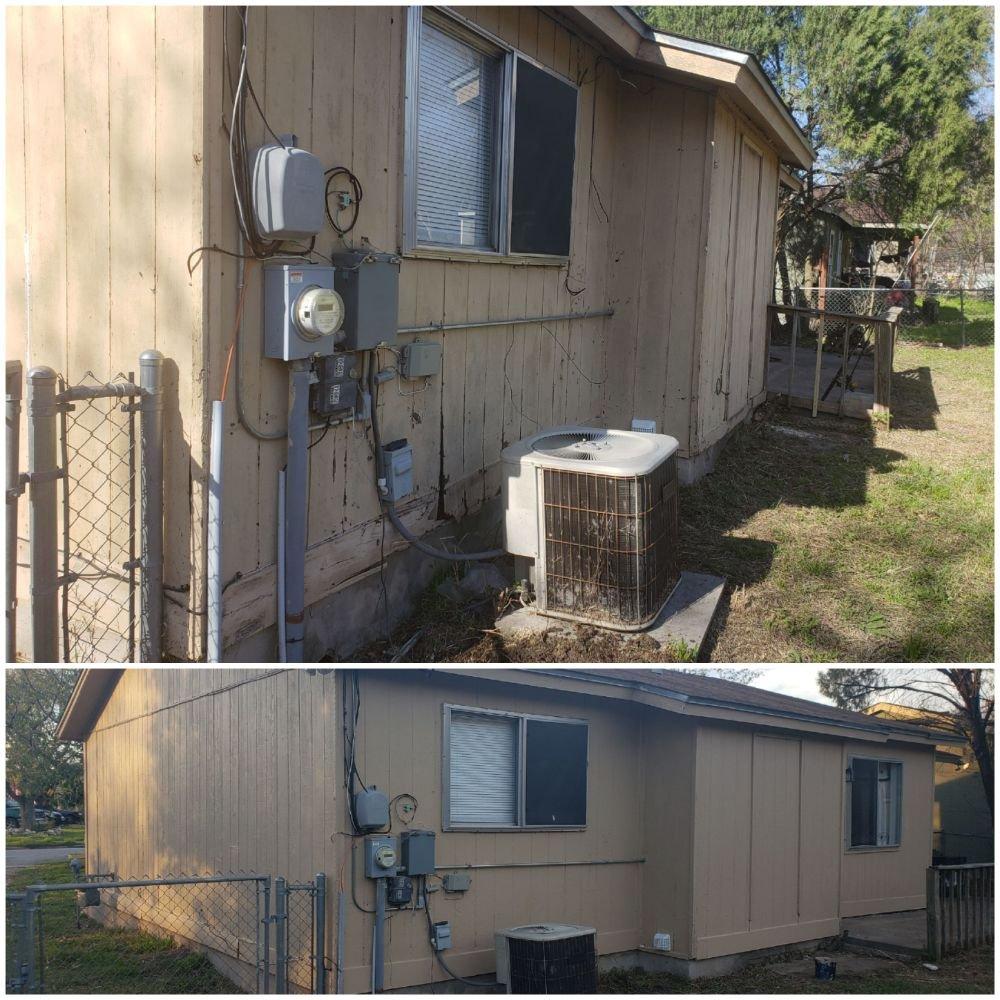 Before and after wood siding repaint on a home exterior
