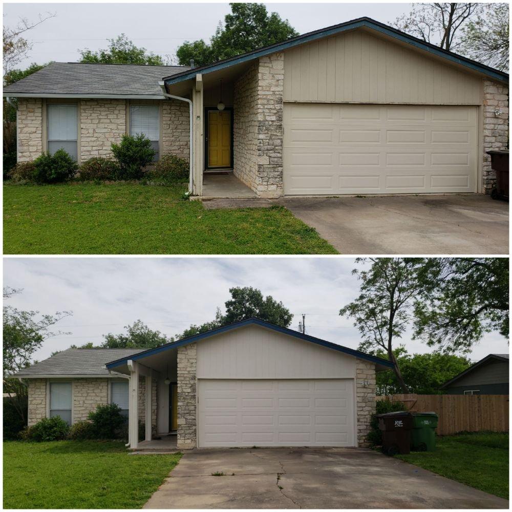 Before and after exterior repaint of a stone and siding home in Leander, TX