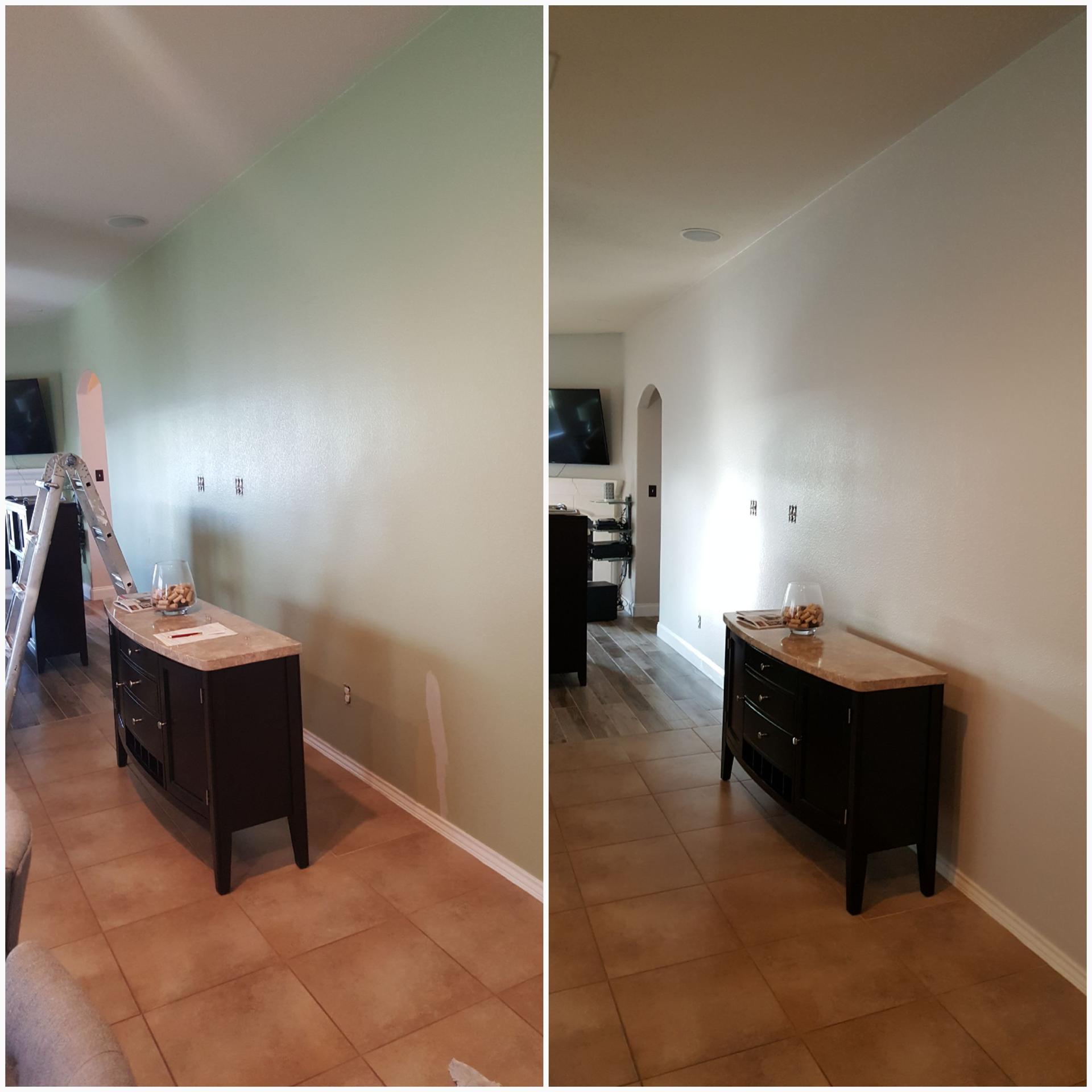 Before and after hallway repaint from sage green to a neutral warm tone