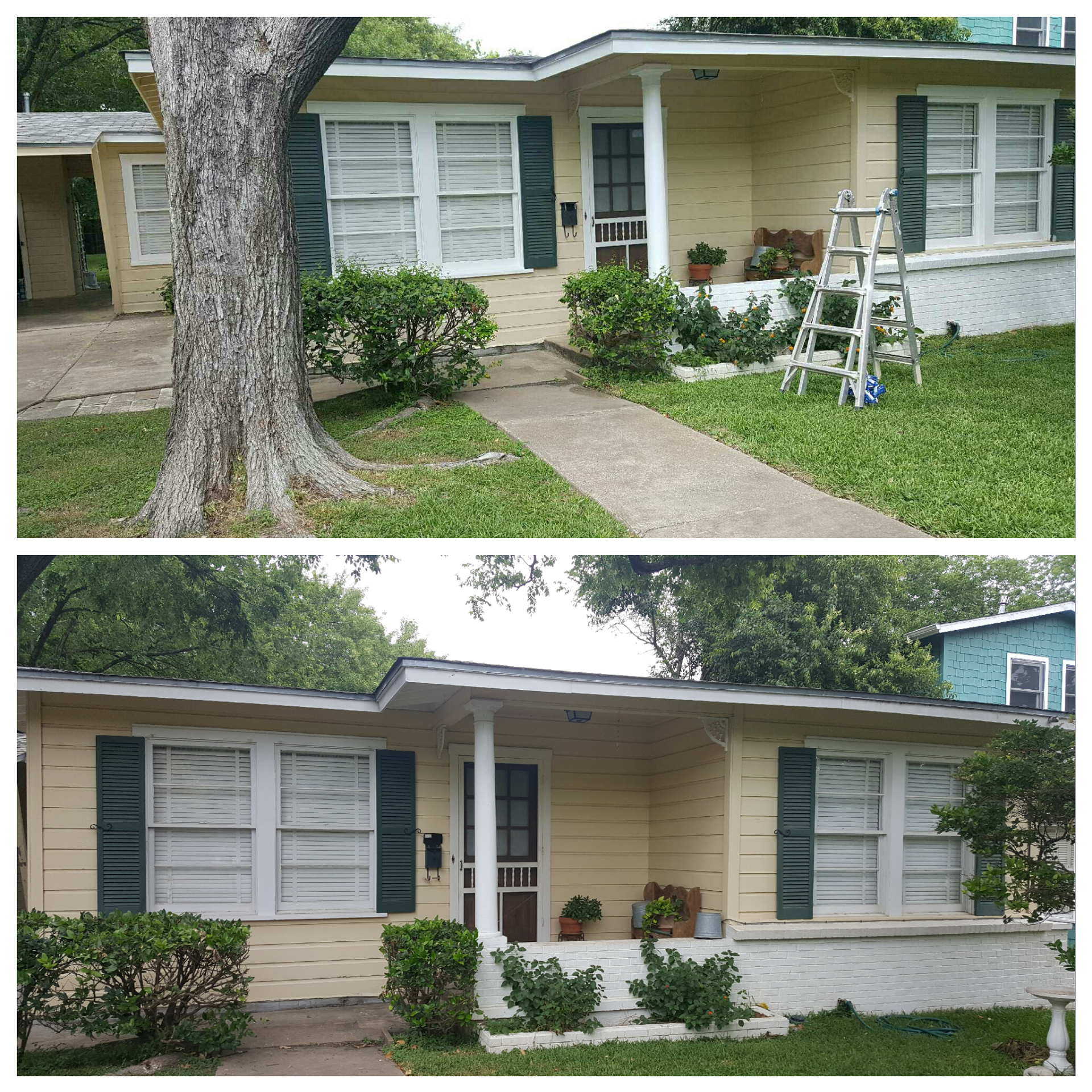 Before and after cottage-style home exterior repaint in soft yellow with dark green shutters