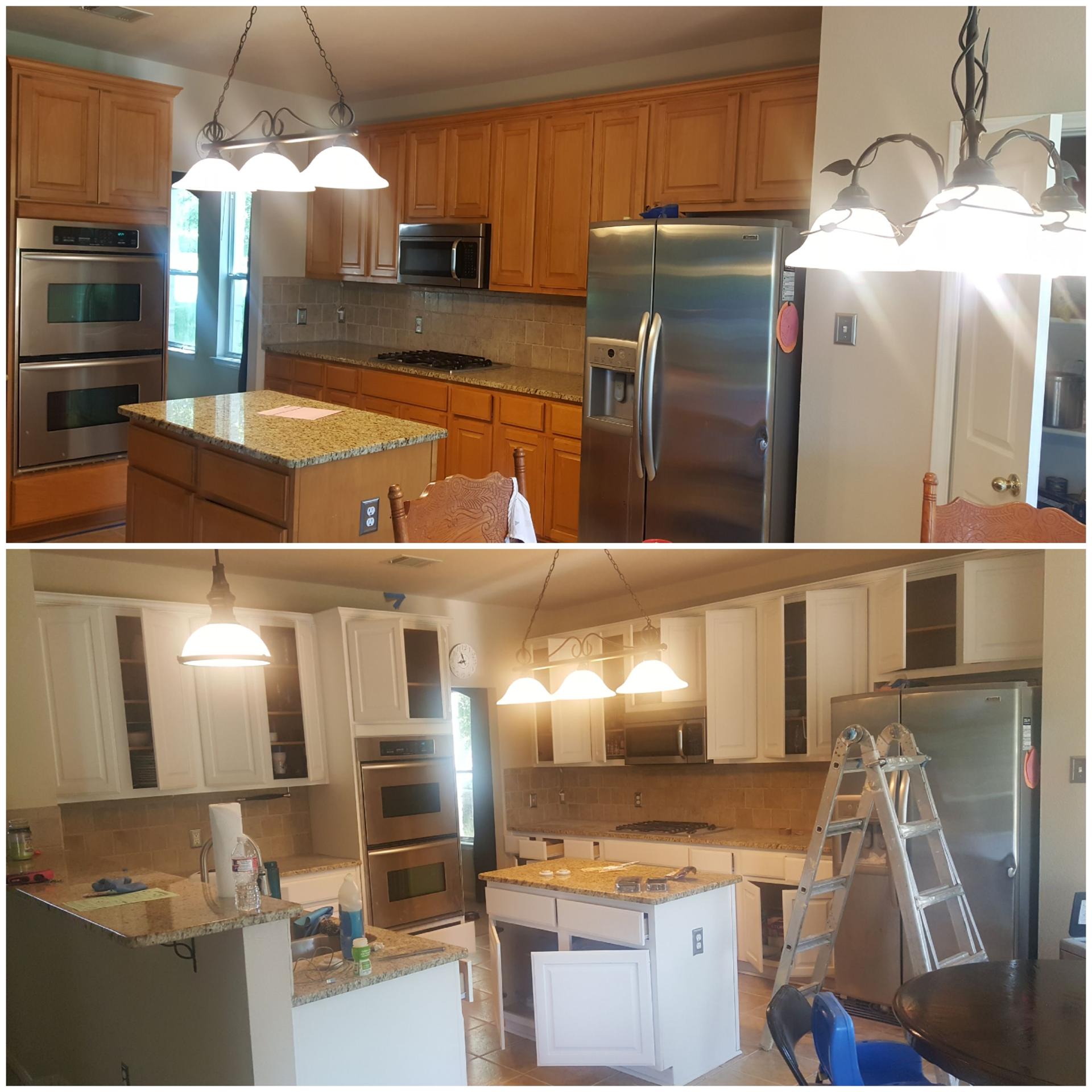 Before and after kitchen cabinet repaint from honey oak to bright white