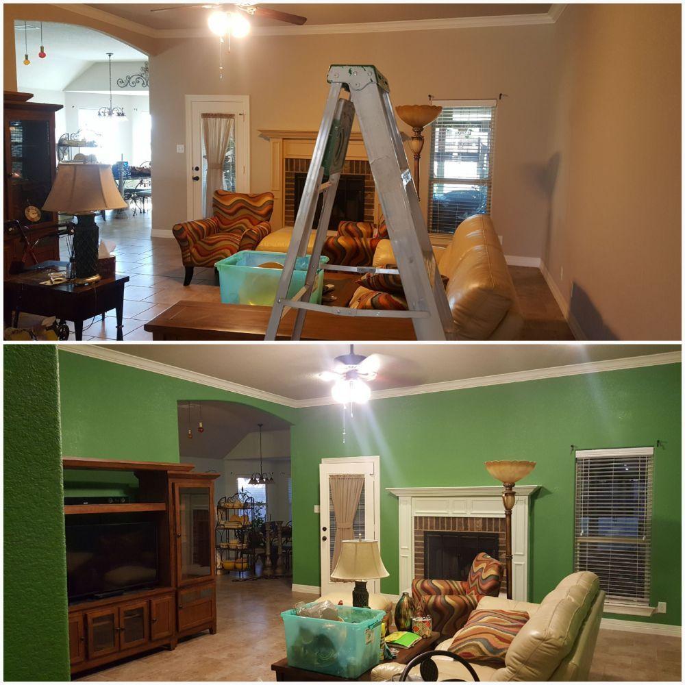 Before and after living room repaint with a bold green accent wall