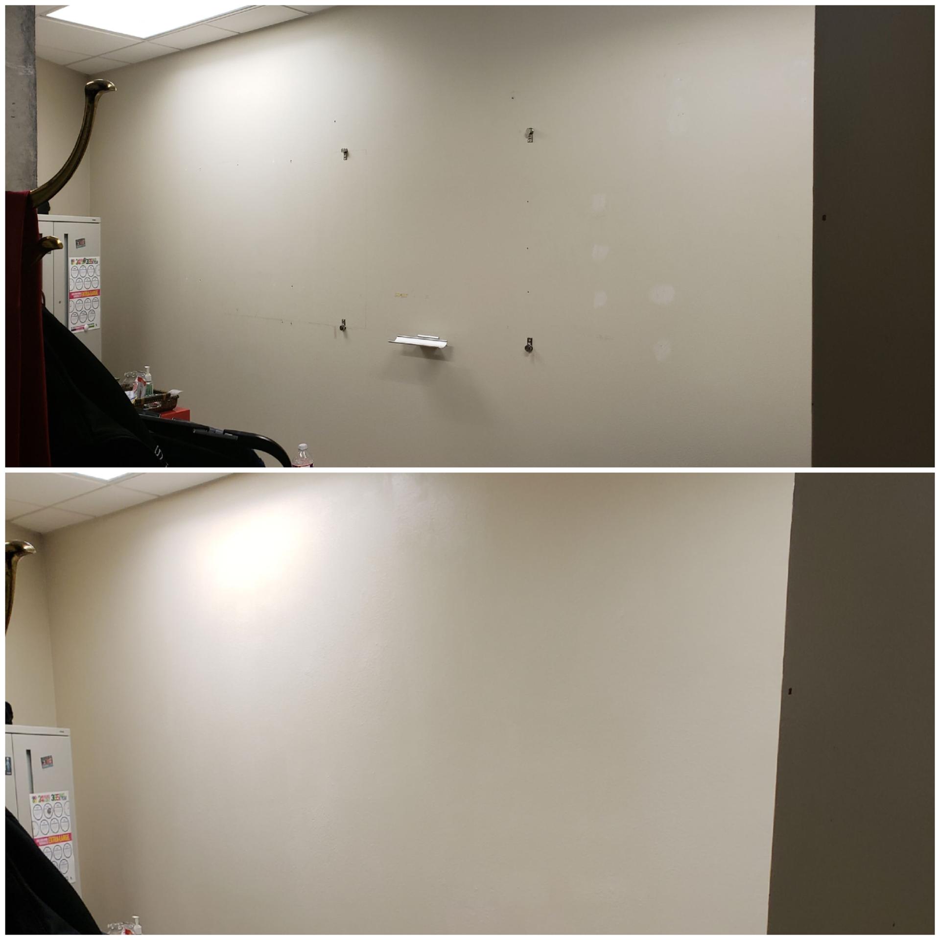 Before and after office wall patch and repaint removing old hardware and marks
