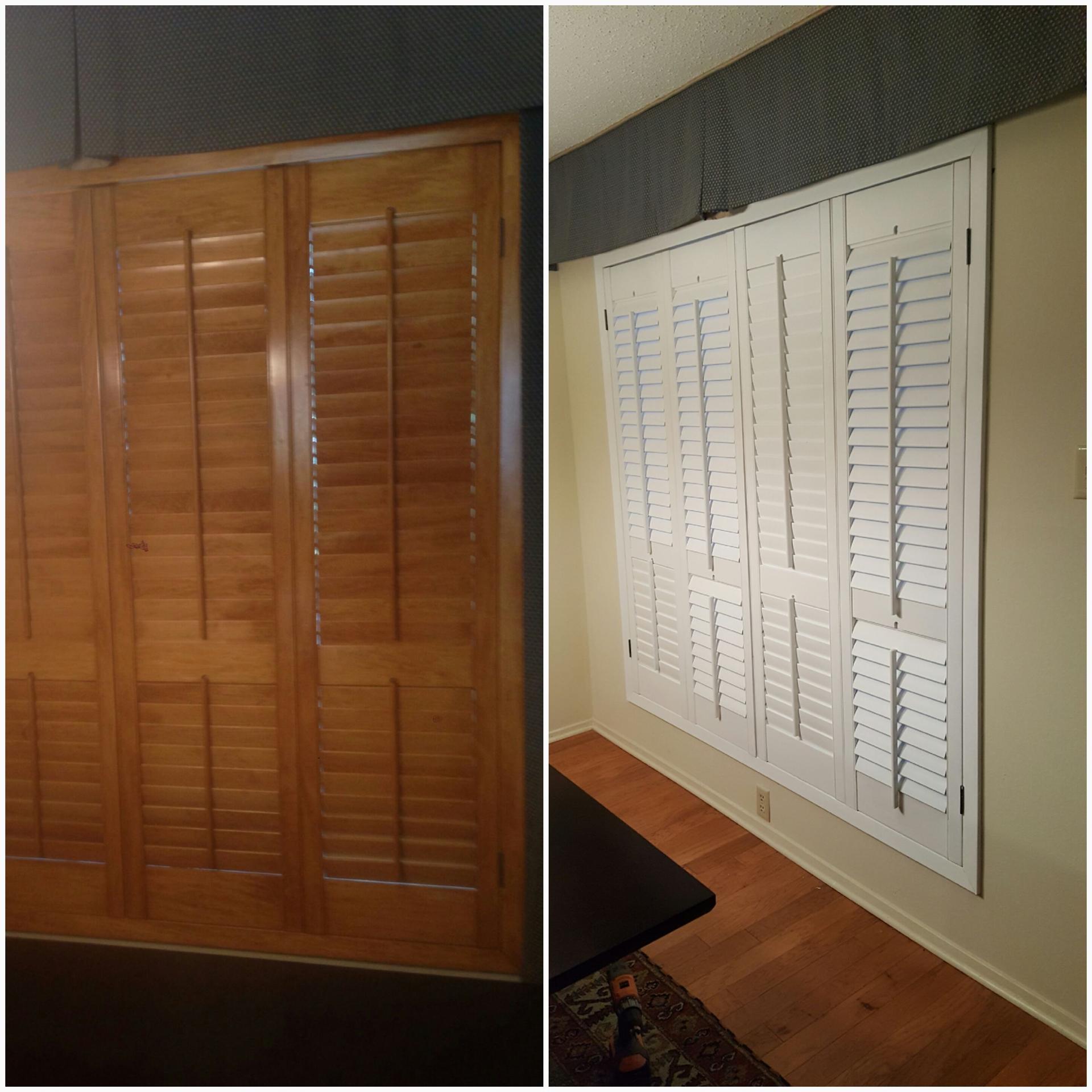 Before and after plantation shutters refinished from stained wood to crisp white