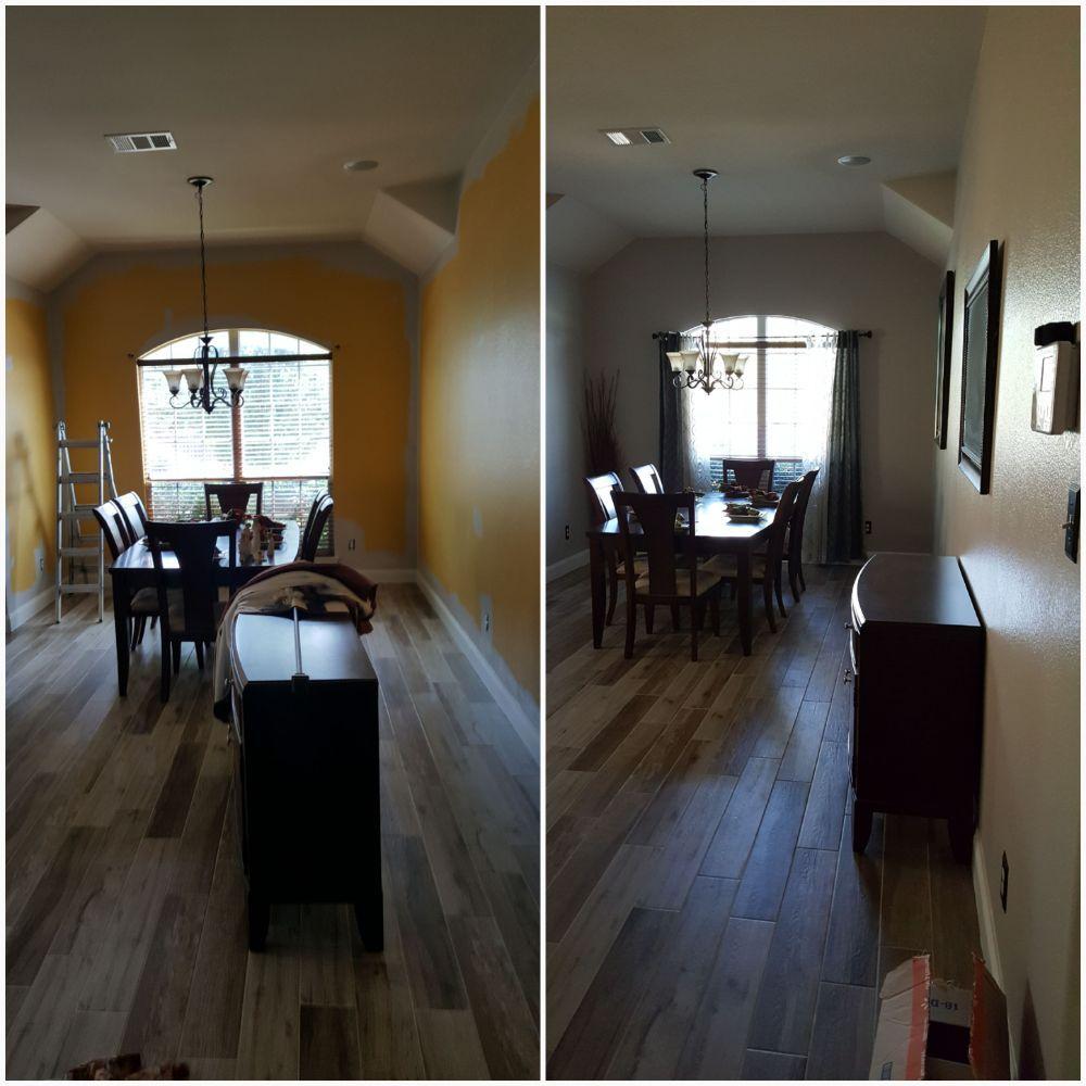Before and after dining room repaint from bold orange to soft warm gray
