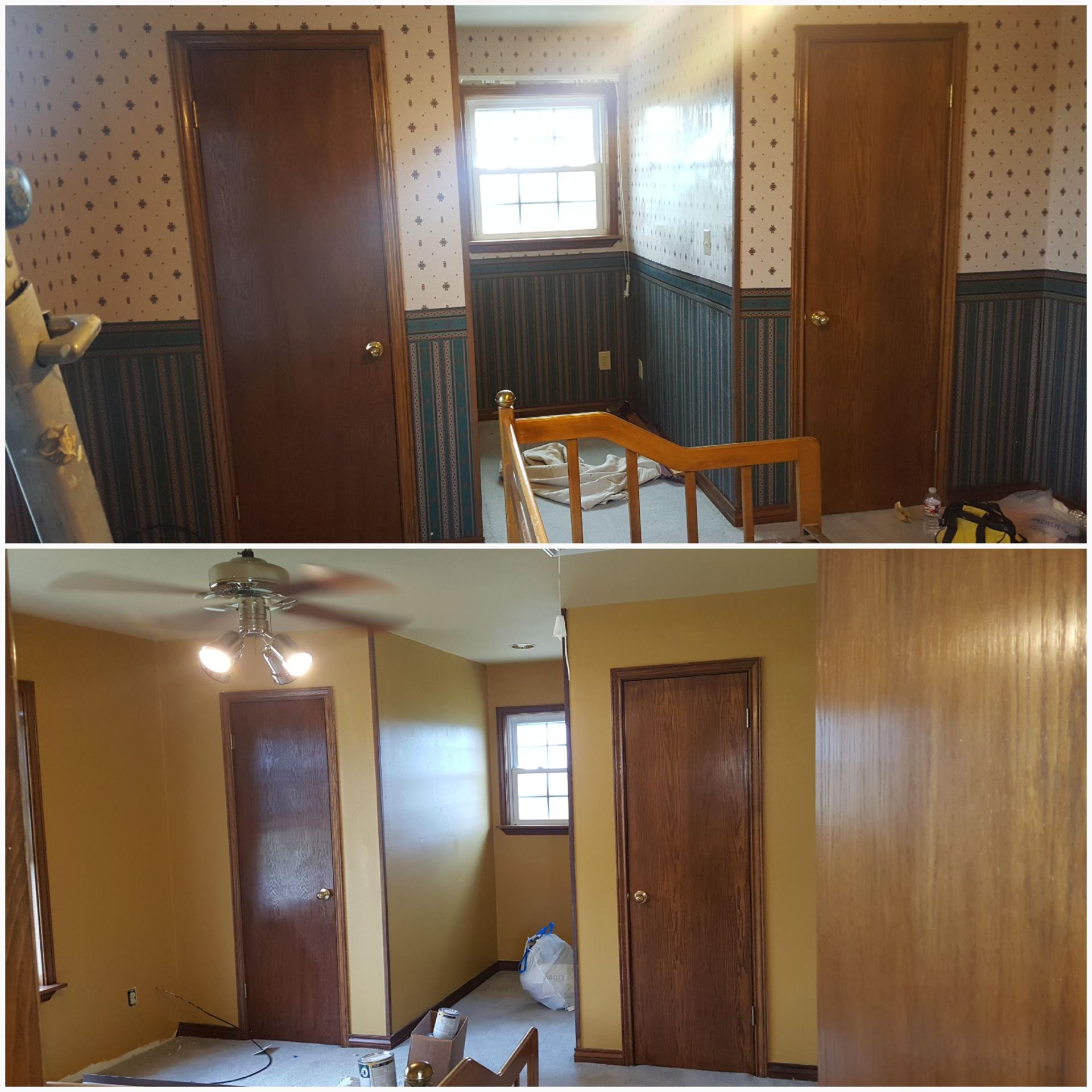 Before and after stairwell landing repaint from wallpaper and dark trim to warm gold walls