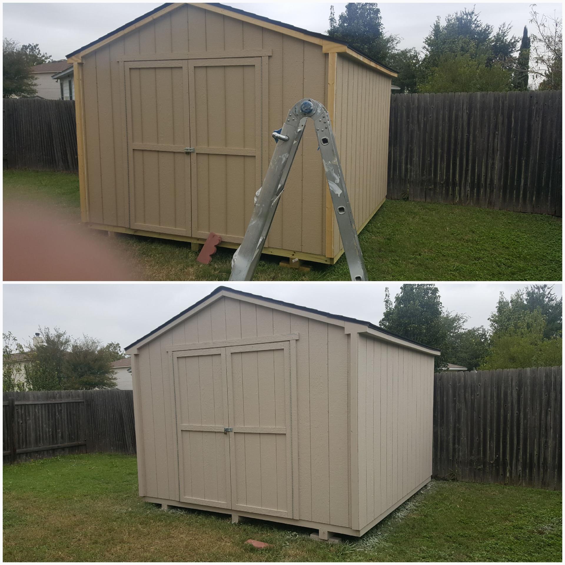 Before and after repaint of a backyard storage shed in a warm tan finish
