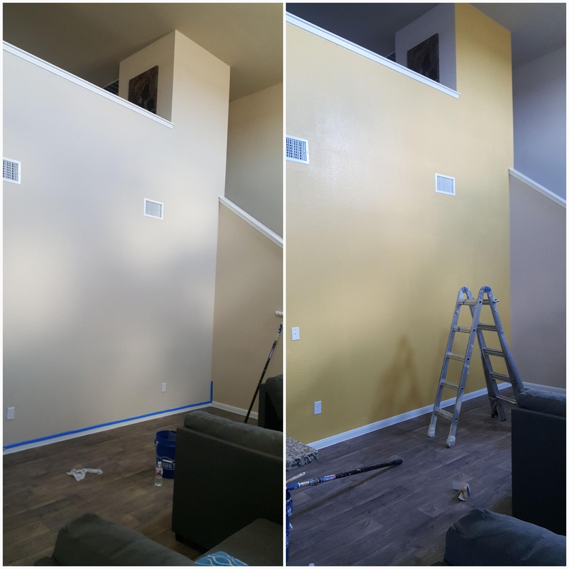 Before and after two-story living room accent wall repaint in a warm gold tone