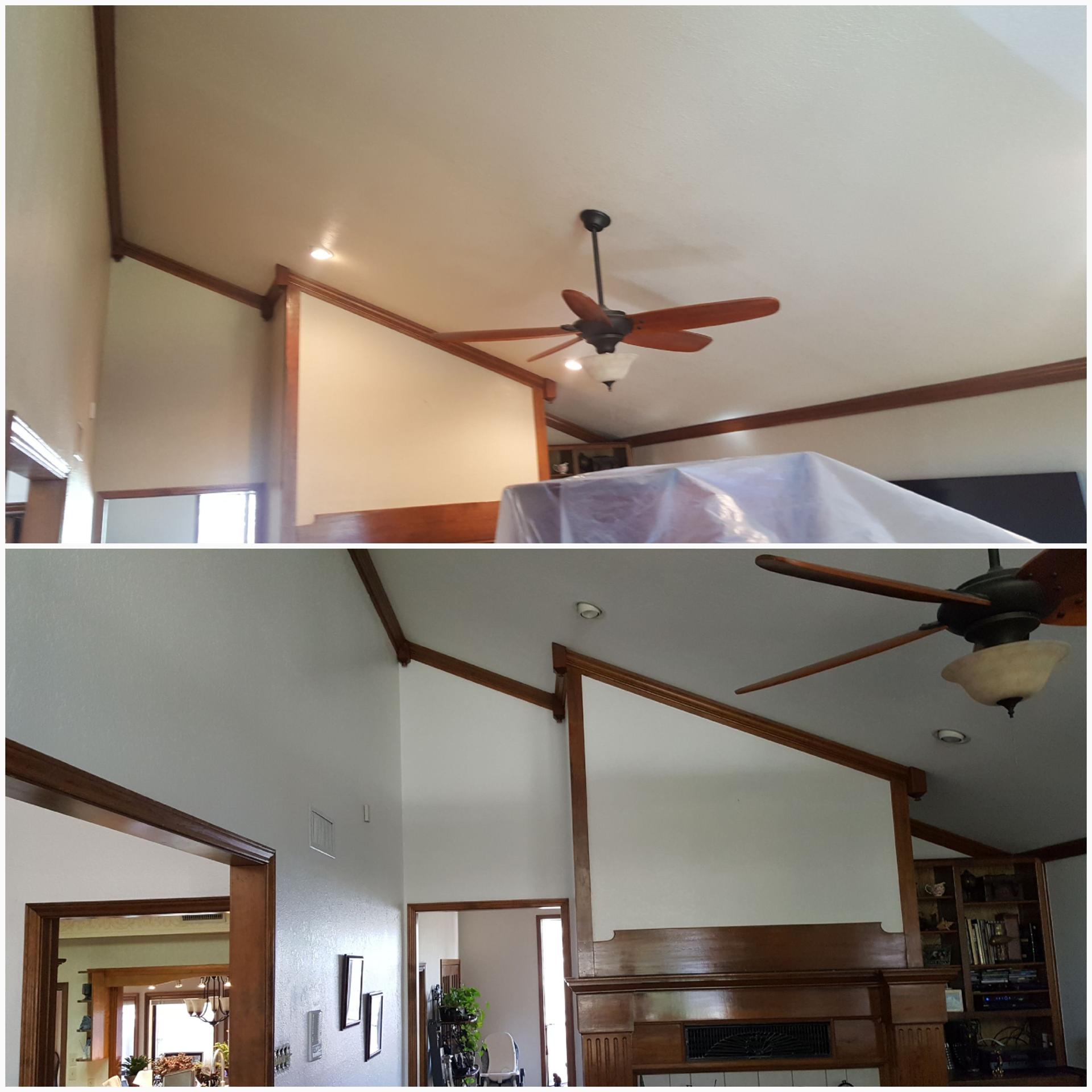 Before and after vaulted living room ceiling and wall repaint with stained wood trim
