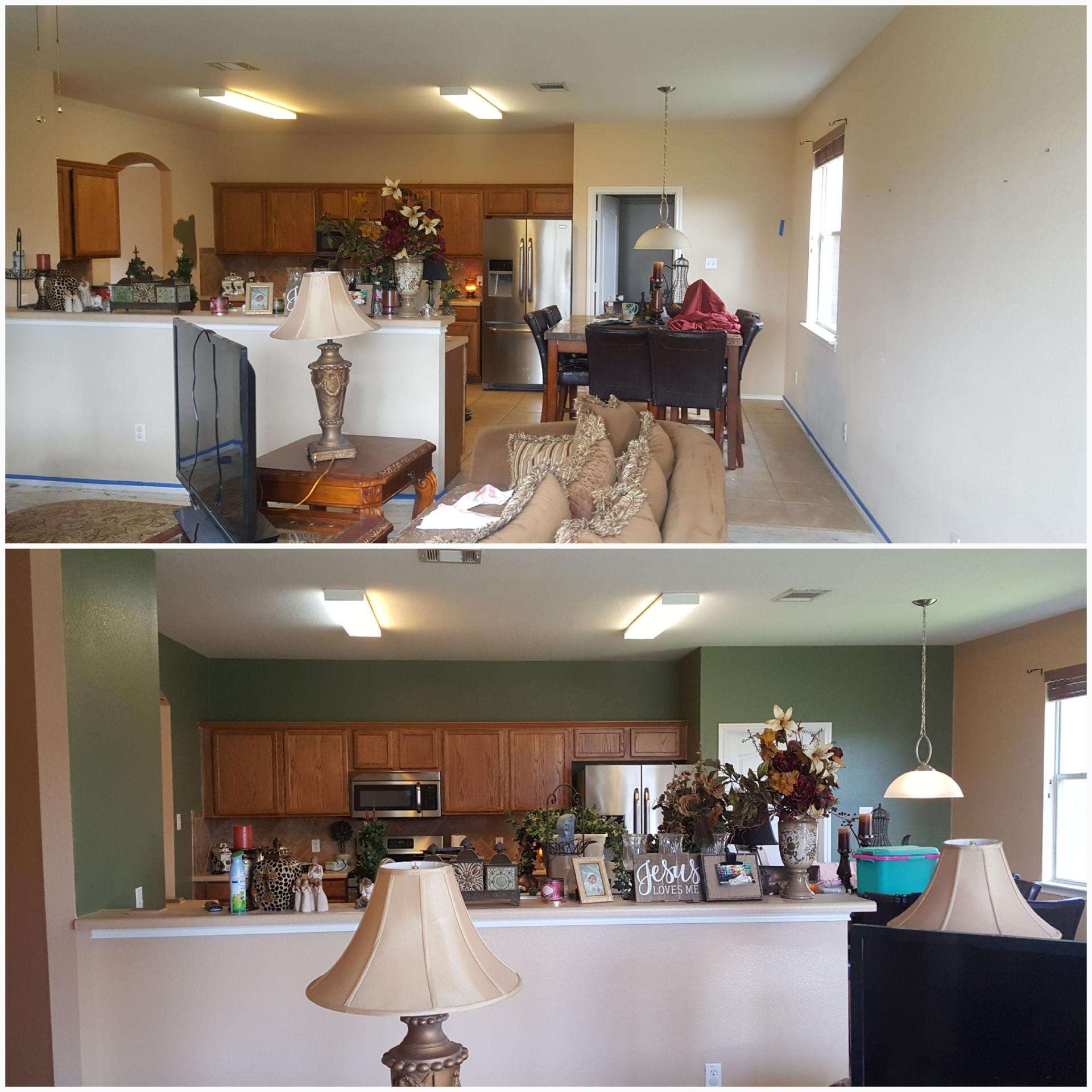 Before and after living room wall repaint from tan to soft green